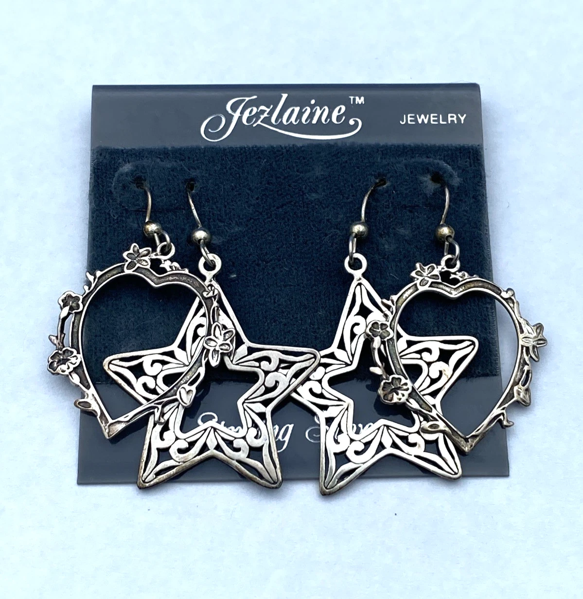 Vintage Jezlaine Sterling Silver Heart & Star Dangle Earrings 2 Pair Set NOS