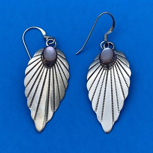 KF Native American Sterling Silver Mother Of Pearl Feather Earrings