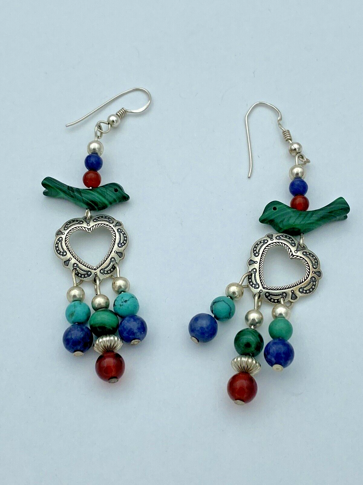 Vintage Native American QT Quoc Multi Gemstone Bead Sterling Silver Earrings
