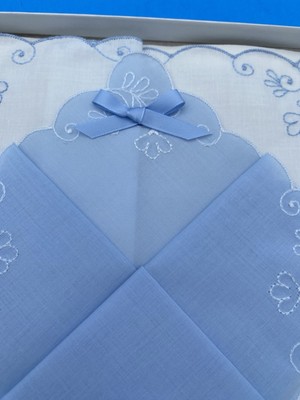 Vintage Christian Dior Handkerchief Set, Blue, White, floral embroidery, Wedding - Image 7