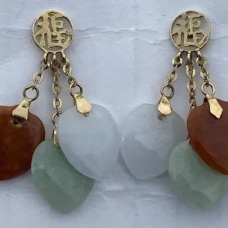 Vintage 14K Gold Multi Hearts Jade Earrings - Green, White and Orange Jade