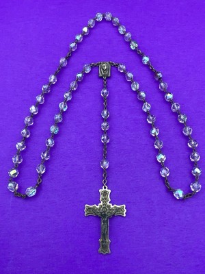 Vtg Aurora Borealis Crystal Faceted Glass Rosary ITALY, Virgin Mary Christianity - Image 4
