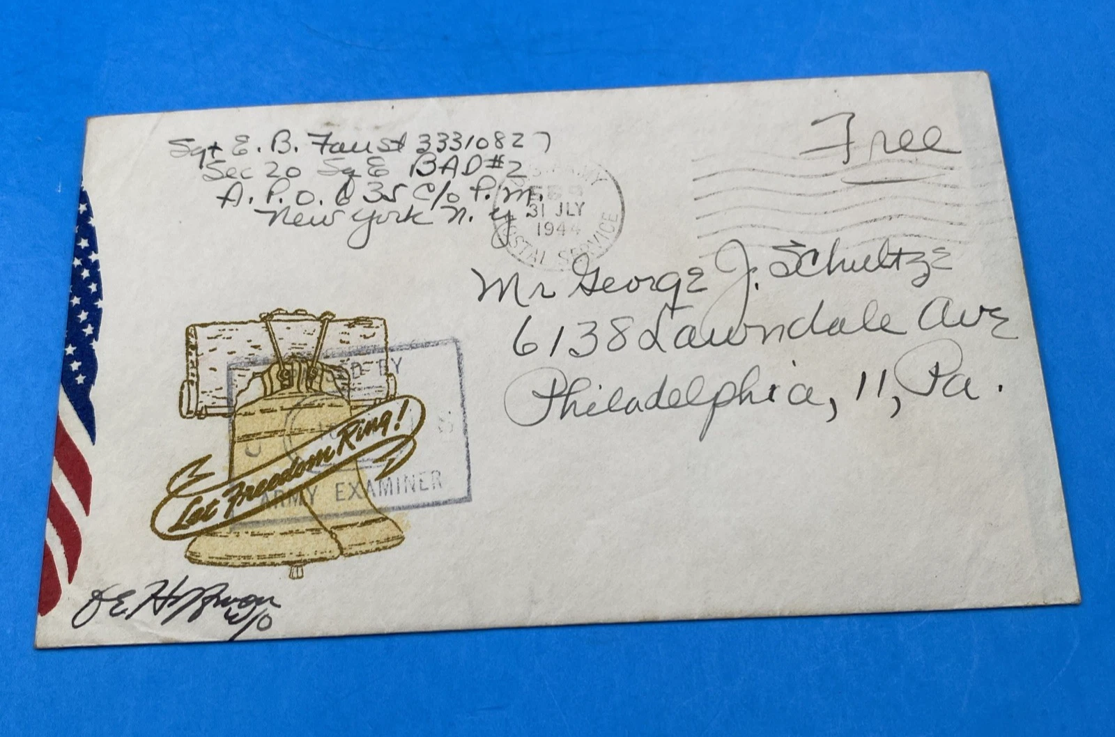 WWII 1944 Patriotic Cover APO 635 Let Freedom Ring Gold Cachet Censored E/O