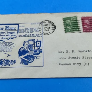 1944 WWII Dear Mom Kitchen Fats cachet cover, Council Bluffs IA, 1c+2c Prexies