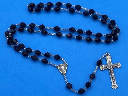 Vtg Black Bicone Faceted Glass Petite Rosary, 800 Silver, Roma, 15” Christianity - Image 3