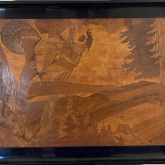 Antique Black Forest Wood Marquetry Capercaillie Grouse Deer Lodge Panel 31x22in