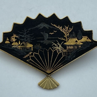 Vintage CPO Damascene Pin Brooch Scenic Japan Japanese Hand Fan Gold Tone