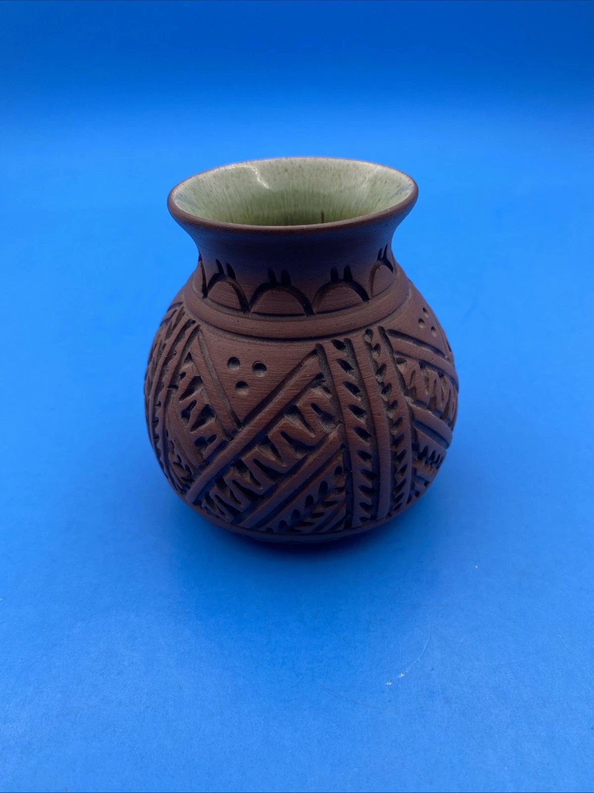Six Nations Mohawk Pottery carved redware bud vase, green interior, signed, #8 - Image 8