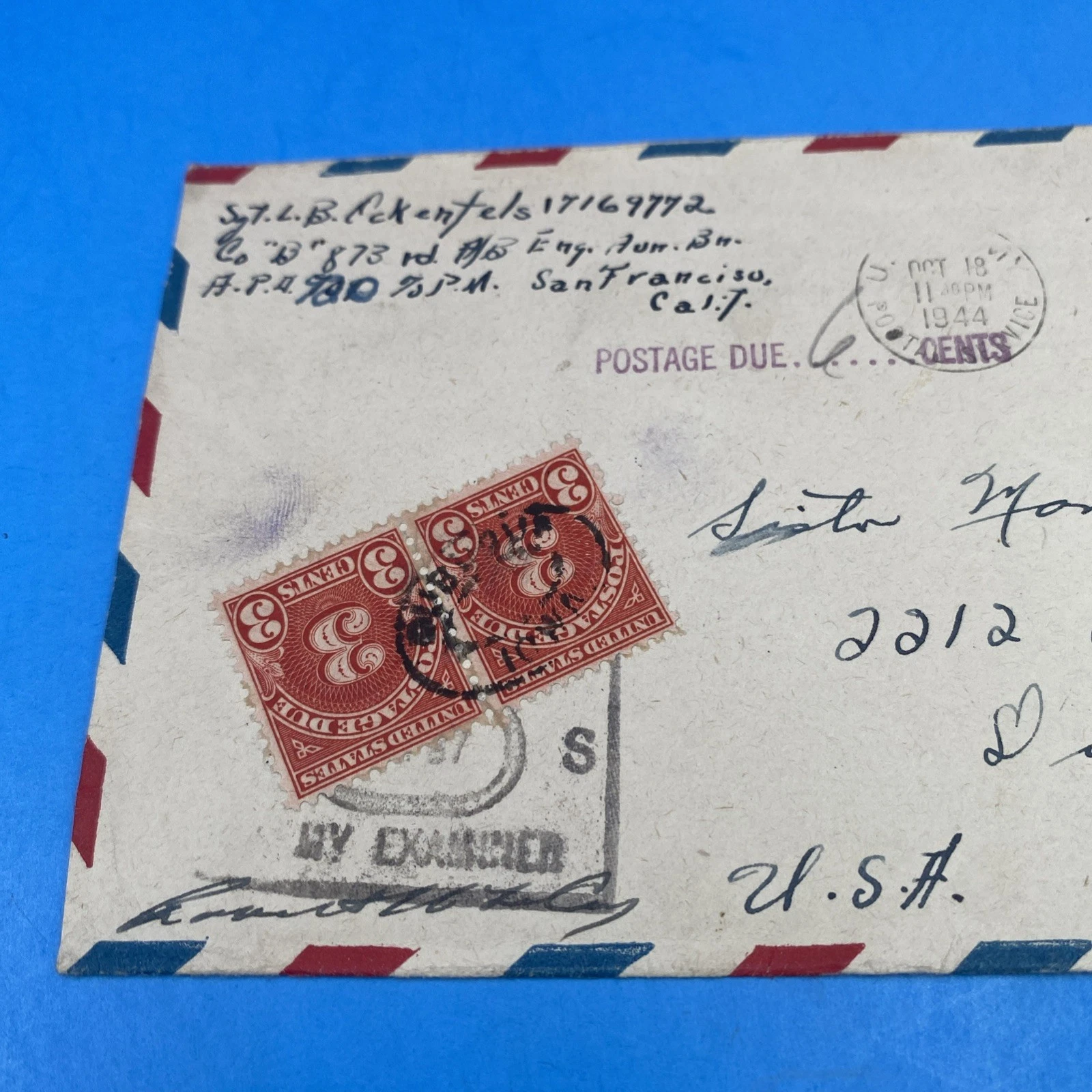 1944 APO 920 Biak WWII UC4 6¢ Airmail Cover Censored Postage Due Pair of 3¢ dues - Image 2