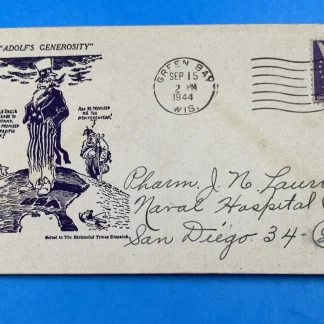 1944 WWII Patriotic Cover 'Adolf's Generosity' Cartoon Cachet, Green Bay WI USA!