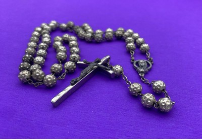 Vintage Textured Metallic Bead Rosary, Mary, Jesus, ITALY, Christianity, 19” - Image 4