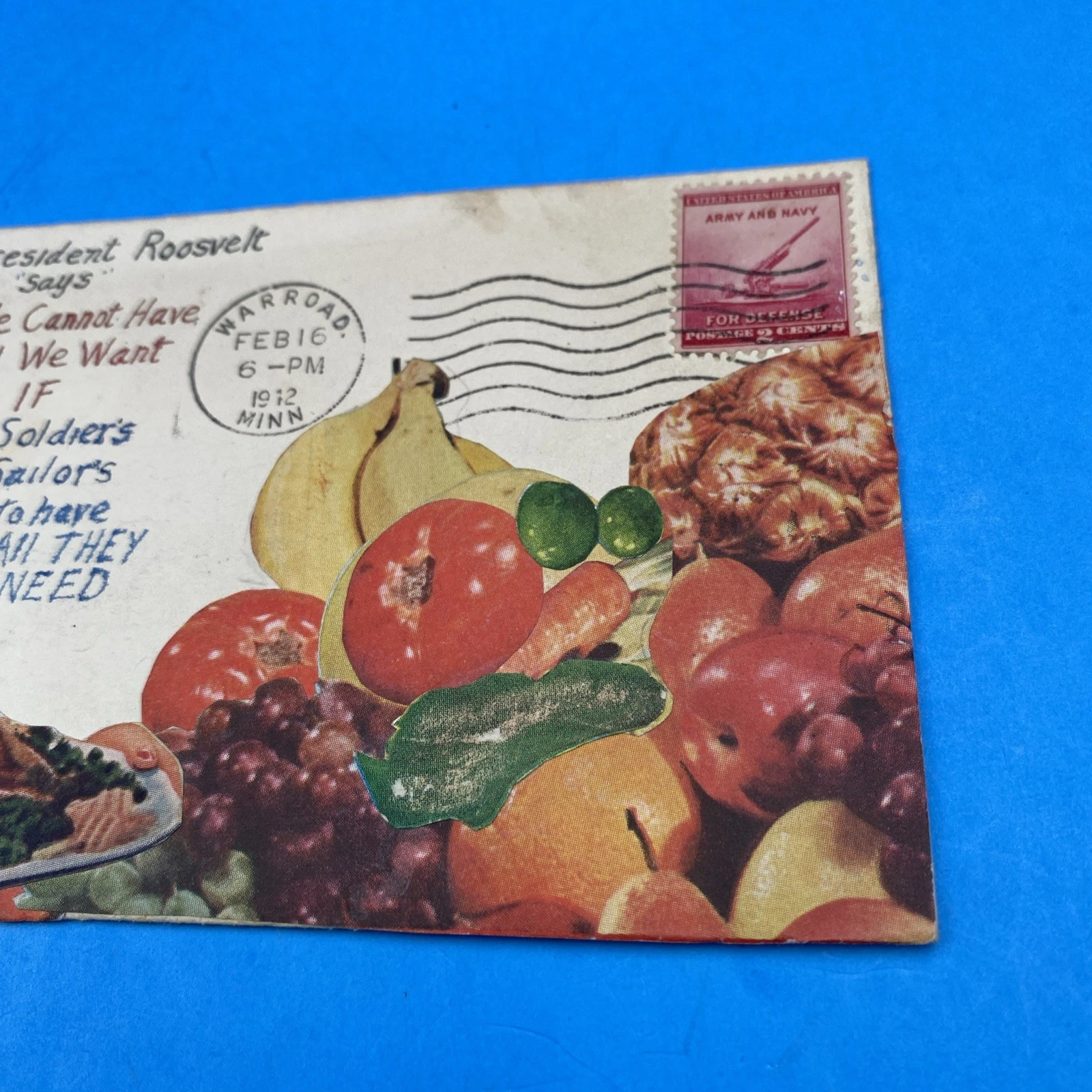 1942 WWII Paste-on Patriotic Cover FDR Rationing Quote, Scott 900 2c, Warroad MN - Image 3