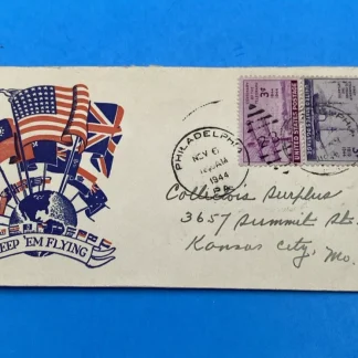 1944 Keep 'Em Flying Patriotic Cover SEPAD 1944 label Wolf Phila to KC 2x 3c