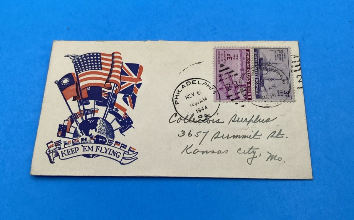 1944 Keep 'Em Flying Patriotic Cover SEPAD 1944 label Wolf Phila to KC 2x 3c