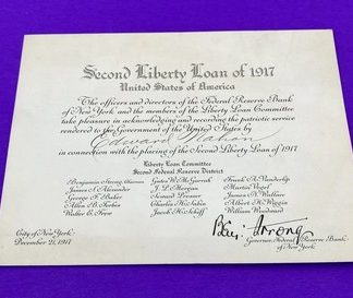 1917 Liberty Loan Certificate to Edward Nahon - J.P. Morgan, Ben Strong, Fed NY
