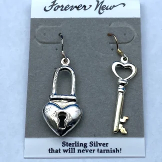 Vintage Forever New Heart Lock Key Earrings NOS Original Card Sterling Silver