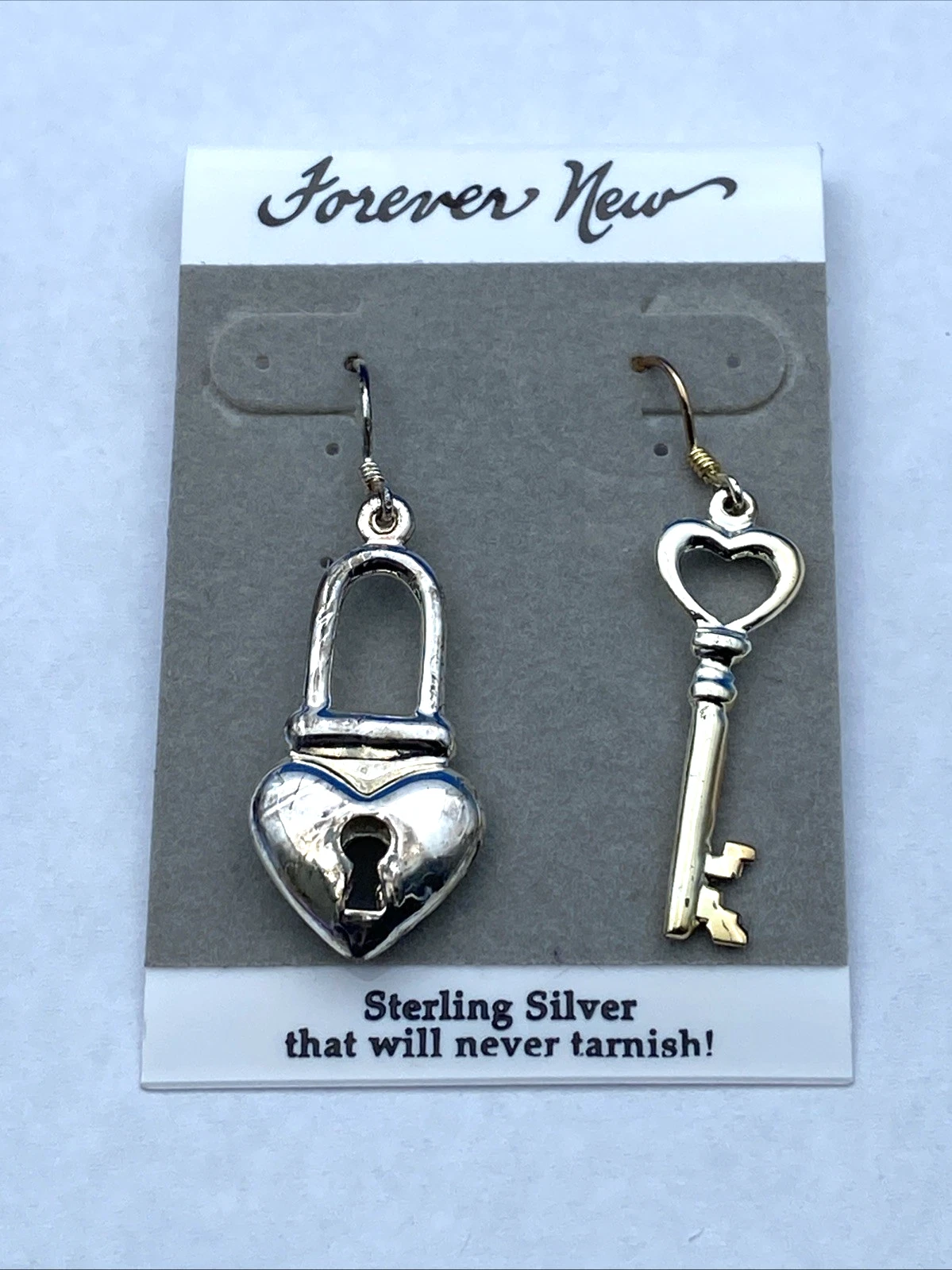 Vintage Forever New Heart Lock Key Earrings NOS Original Card Sterling Silver