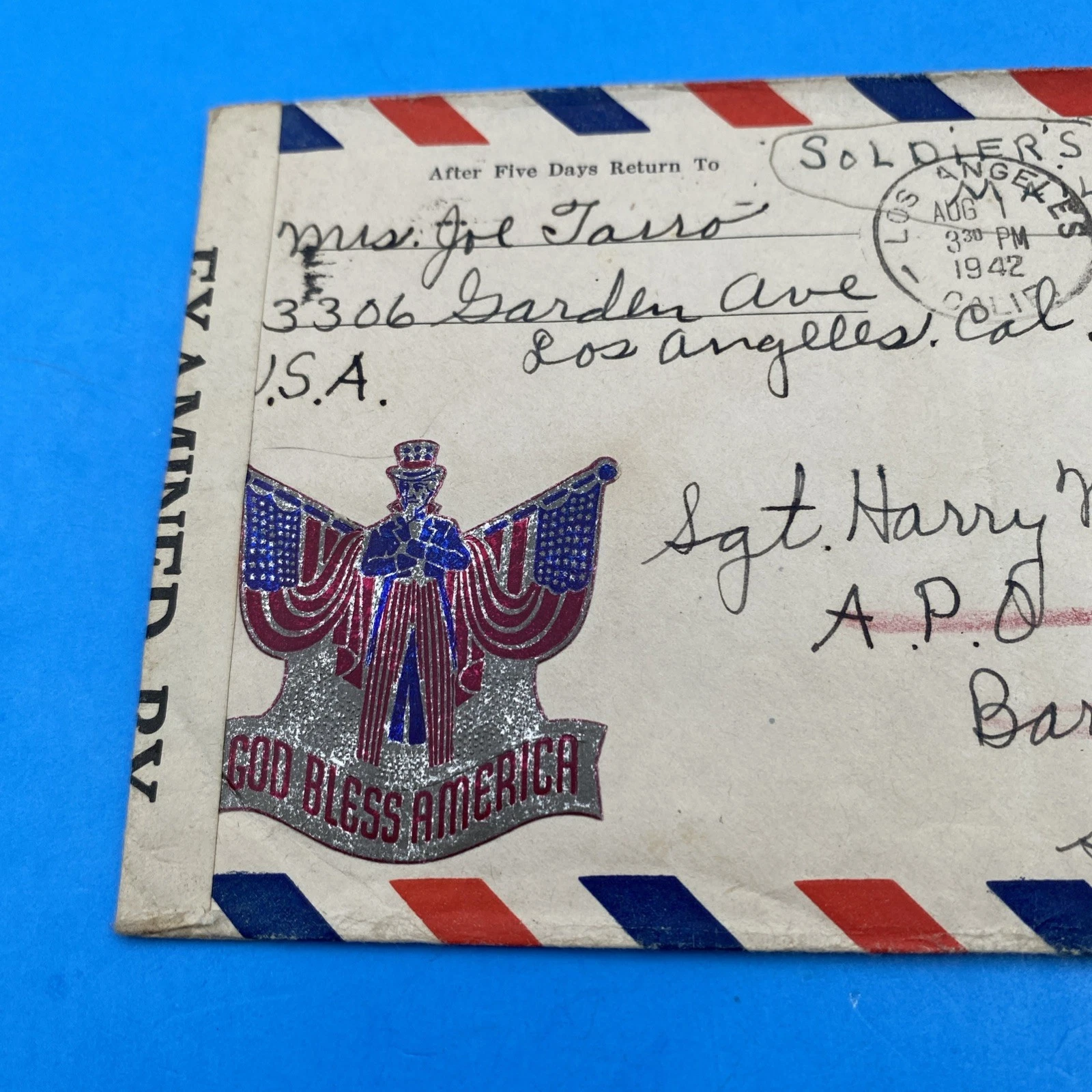 1942 LA to APO 819 Venezuela WWII Airmail 12¢, Censored, God Bless America label - Image 2