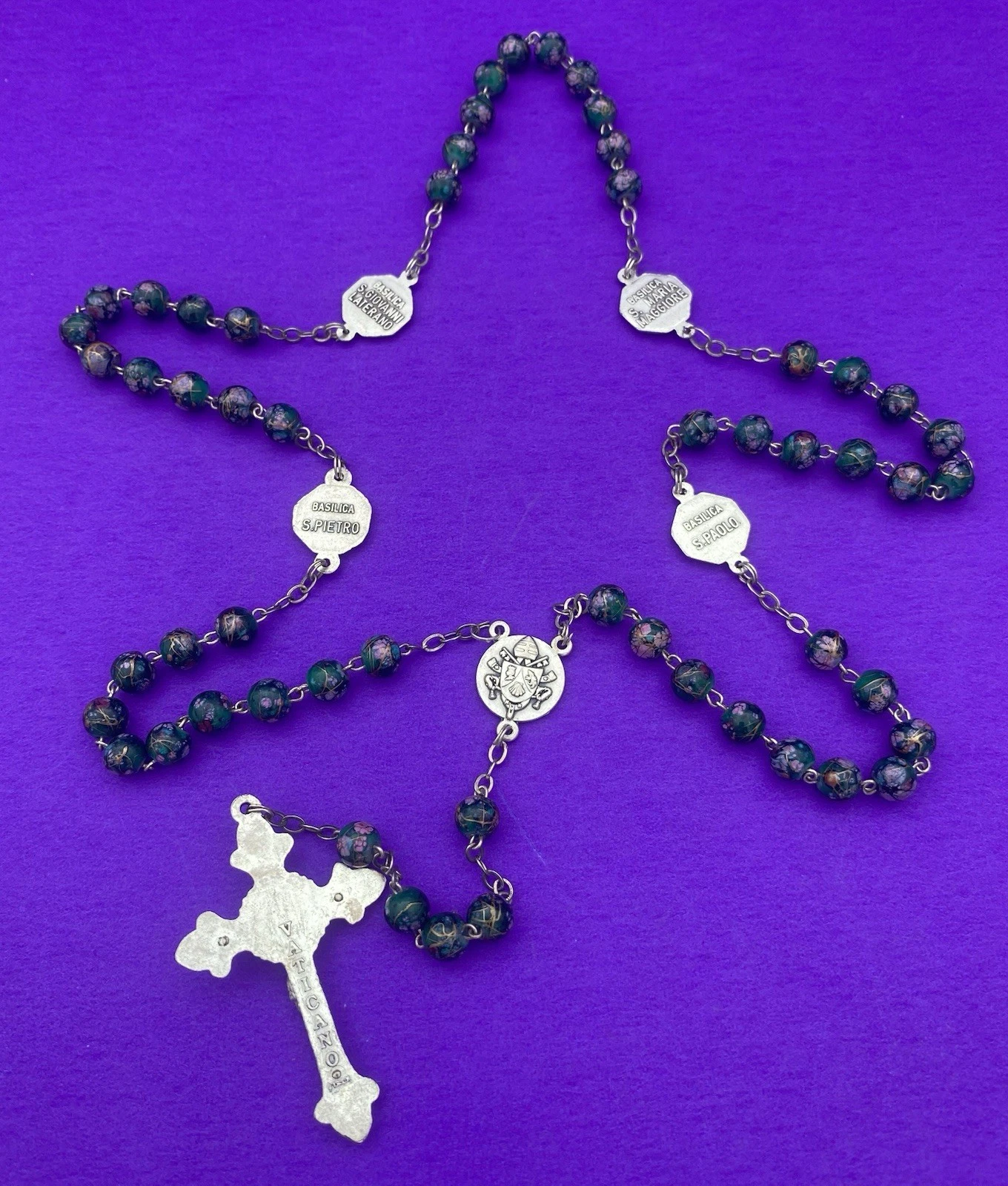Vtg Green Pink Gold Glass Rosary, Pope Benedict XVI, 4 Basilicas, Italy, 20.5” - Image 6