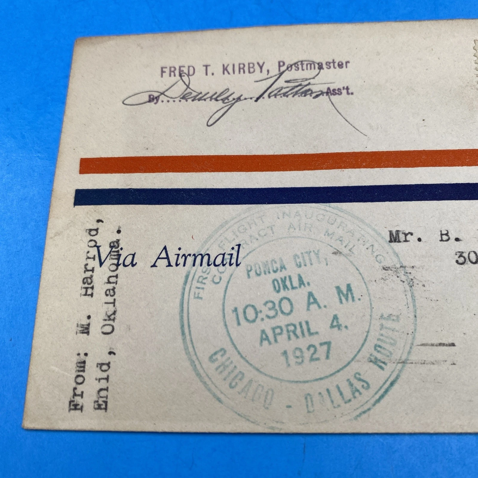 1927 CAM-3 First Flight Cover Ponca City OK Airmail to NYC w/ Cachet & Stamp - Image 2