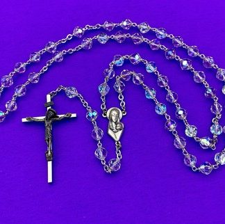 Vtg Aurora Borealis Crystal Faceted Glass Rosary ITALY, Virgin Mary Christianity