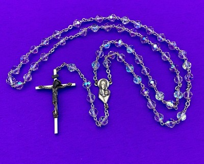 Vtg Aurora Borealis Crystal Faceted Glass Rosary ITALY, Virgin Mary Christianity