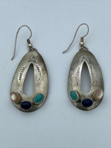 JP Native American Sterling Silver Signed Multi Stone Earrings