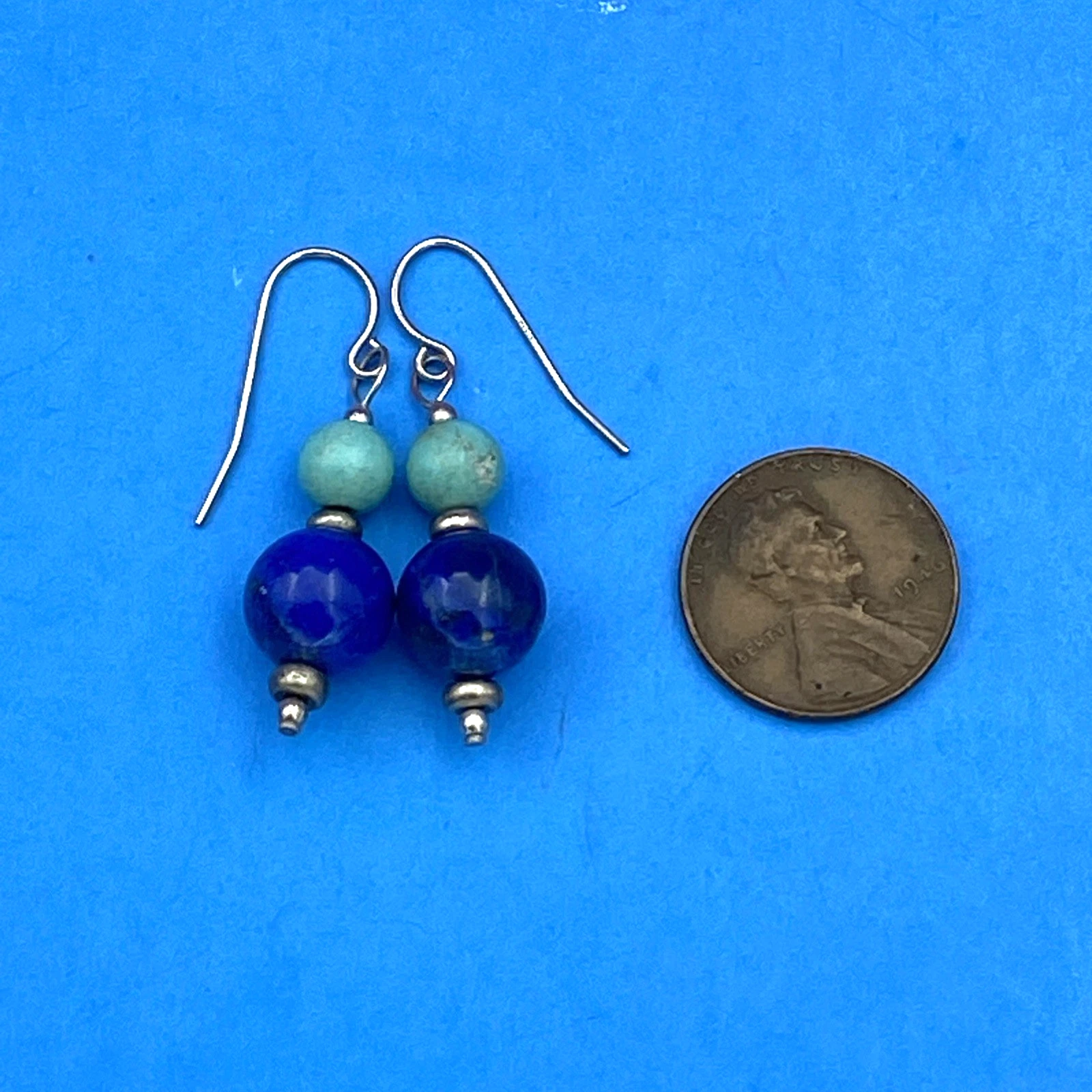 Vintage Round Lapis Lazuli & Turquoise Beaded Sterling Silver 925 Hook Earrings - Image 3