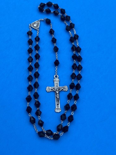 Vtg Black Bicone Faceted Glass Petite Rosary, 800 Silver, Roma, 15” Christianity - Image 4
