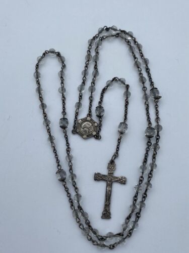 Vtg Rosary Clear Crystal Beads, Sterling Silver, Virgin Mary, Jesus Christianity