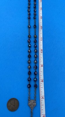 Vtg Peacock-Blue AB Faceted Glass Rosary, Jerusalem Crusader, ITALY Christianity - Image 11