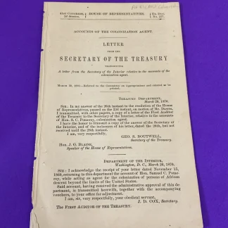 1870 House Ex Doc 227 Accounts of the Colonization Agent 12pp Complete Copy Rare