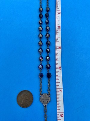 Vtg Peacock-Blue AB Faceted Glass Rosary, Jerusalem Crusader, ITALY Christianity - Image 6
