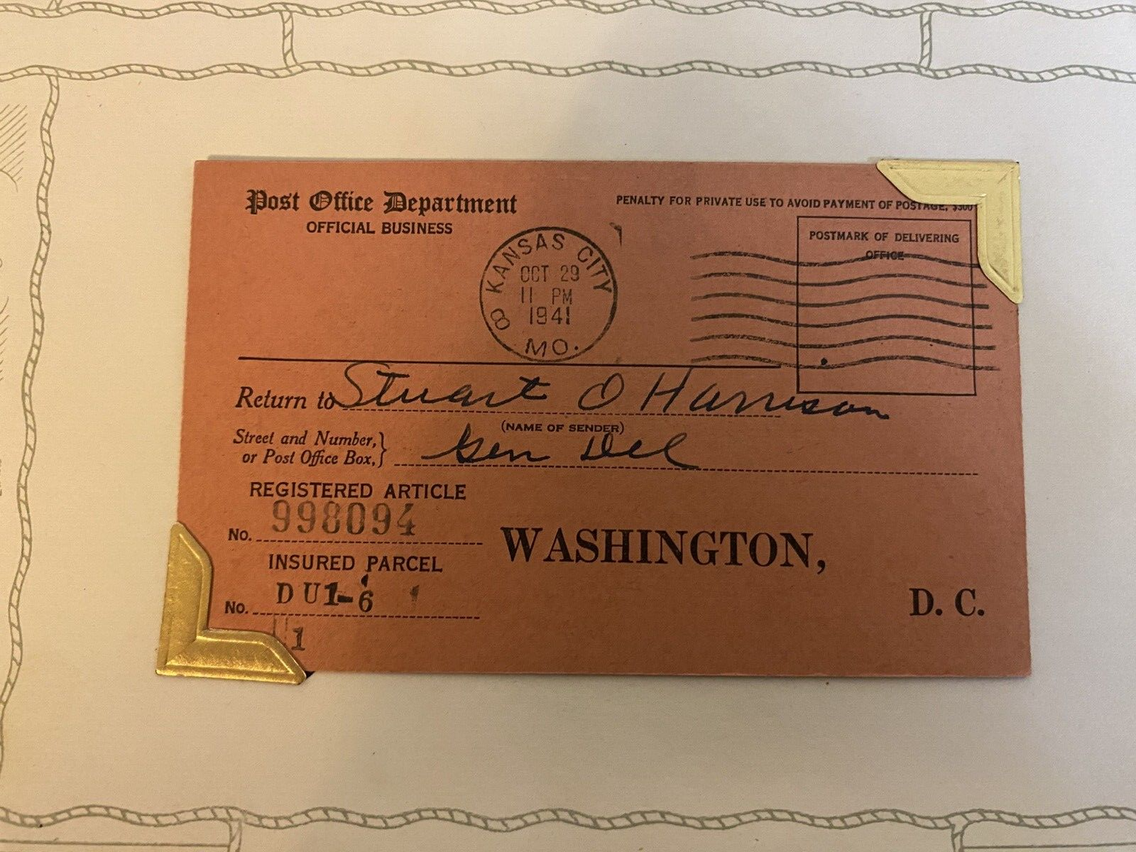 1941 Complete DC-KC Cover: Special Delivery, Registration & Return Receipt - Image 3