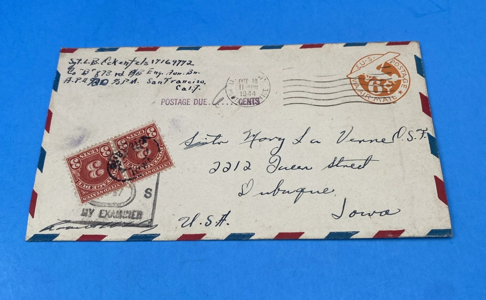 1944 APO 920 Biak WWII UC4 6¢ Airmail Cover Censored Postage Due Pair of 3¢ dues