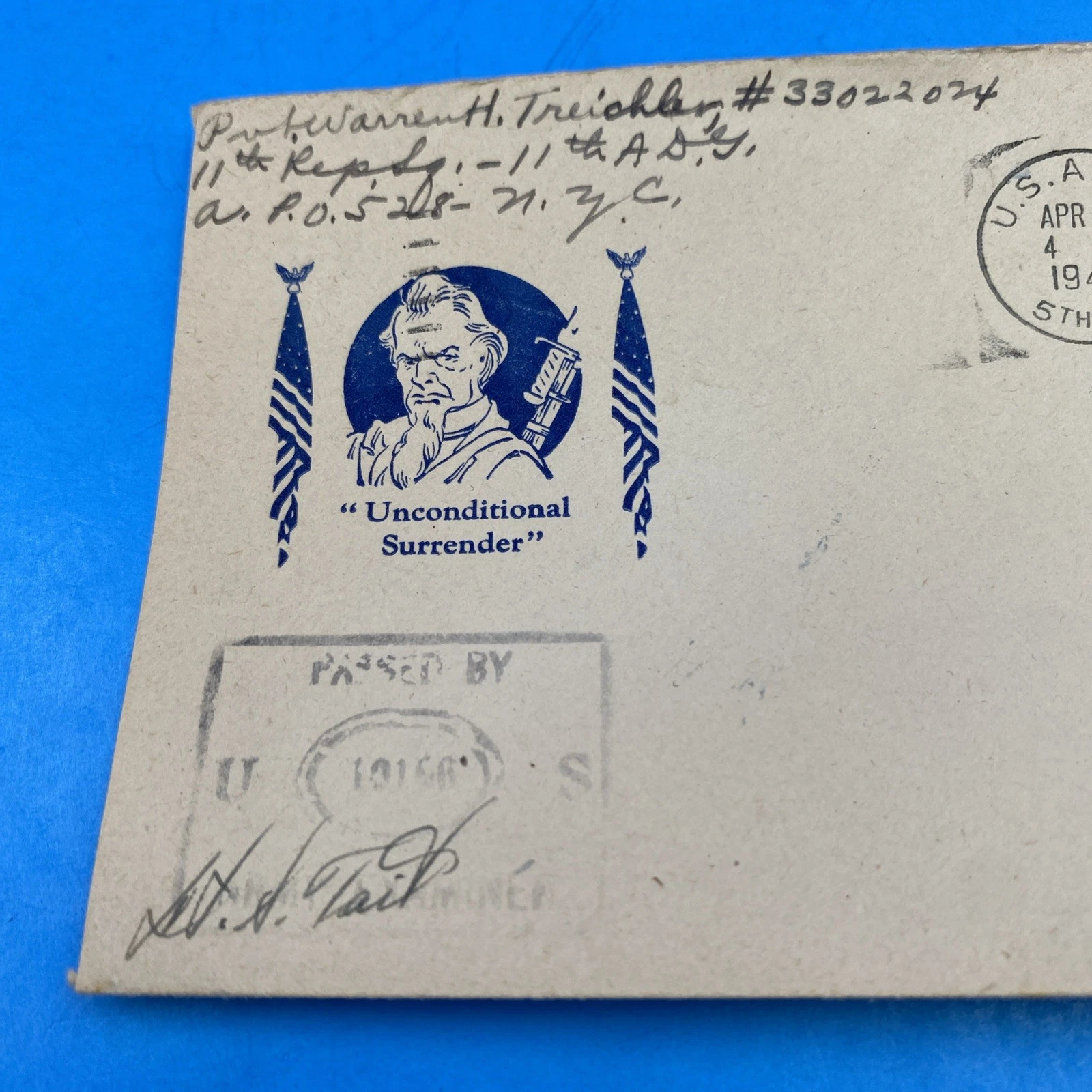 WWII 1945 U.S. Army 5th BPO Free Mail Cover—Uncle Sam 'Unconditional Surrender' - Image 2
