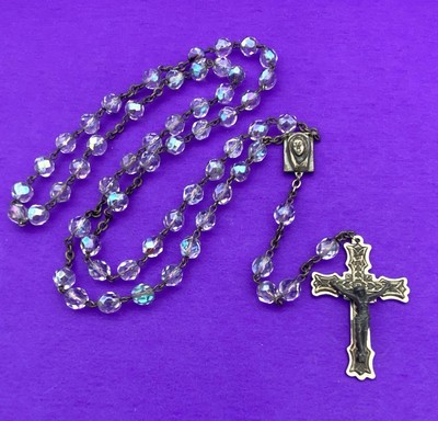 Vtg Aurora Borealis Crystal Faceted Glass Rosary ITALY, Virgin Mary Christianity - Image 2