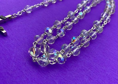 Vtg Aurora Borealis Crystal Faceted Glass Rosary ITALY, Virgin Mary Christianity - Image 7