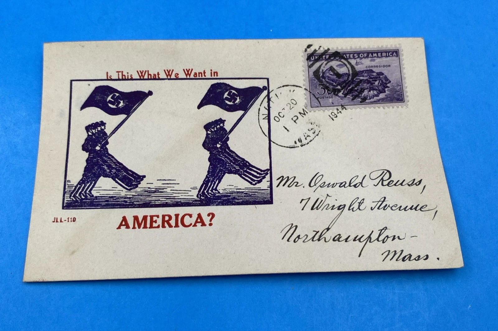 WWII Patriotic Cover 'Is This What We Want in America?' 3¢ Corregidor, JLL-110