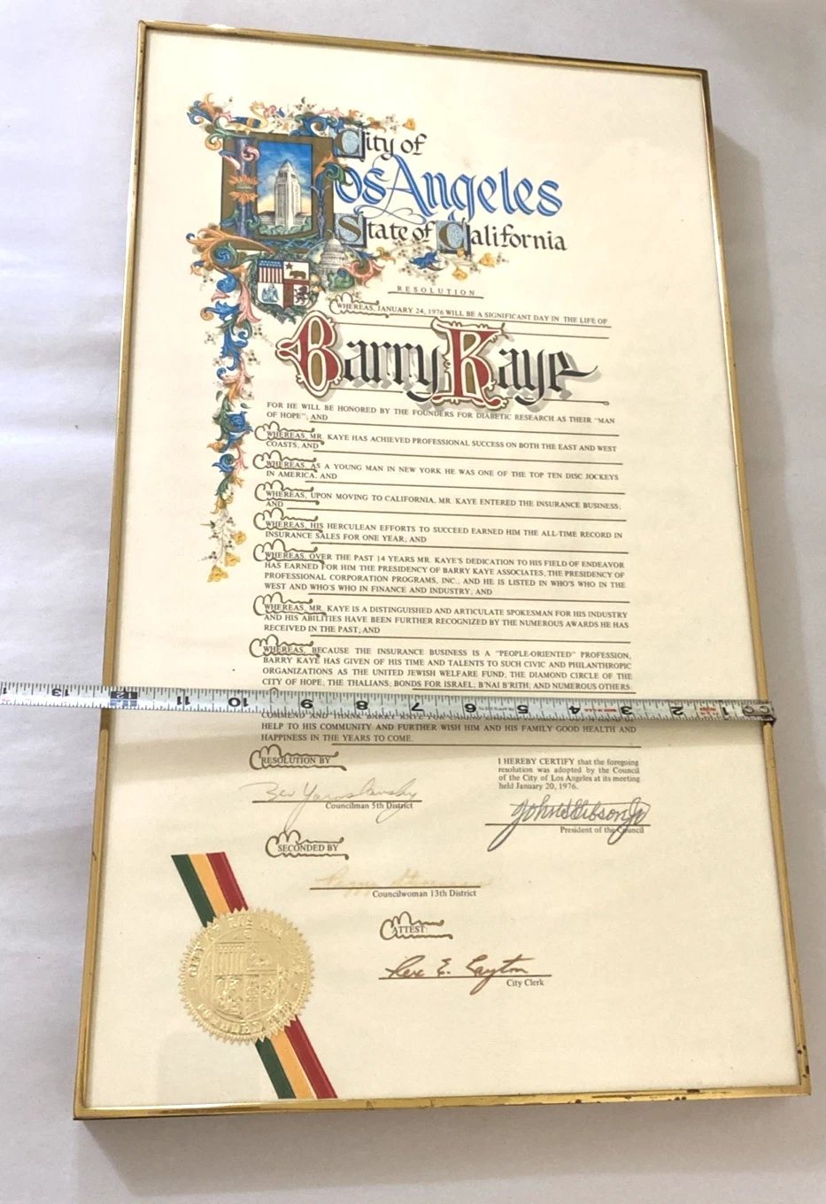 1976 Los Angeles Council Resolution Barry Kaye Signed Seal Framed 12x22 - Image 10