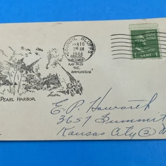 1944 Pearl Harbor PenArts postcard, Council Bluffs IA, 1¢ Prexie #804, CN signed