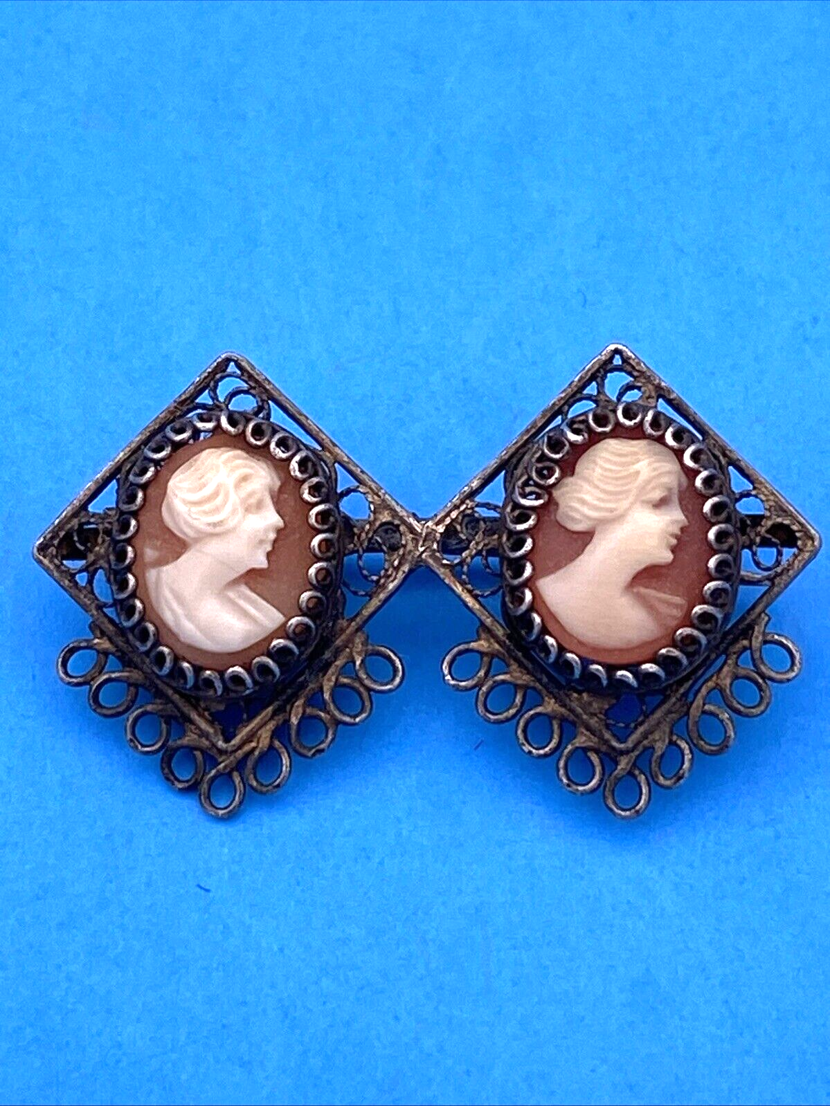 Unique Silver Filigree Antique Double Cameo Brooch/Pin Italy