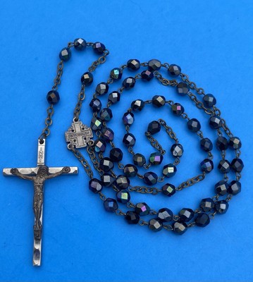 Vtg Peacock-Blue AB Faceted Glass Rosary, Jerusalem Crusader, ITALY Christianity - Image 2