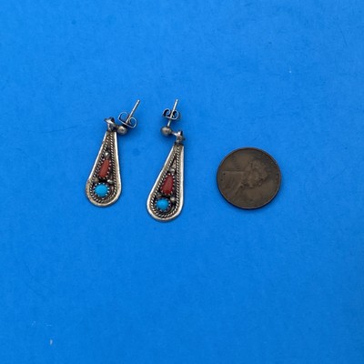 Native American Sterling Earrings Vintage Red Coral/Turquoise - Image 3