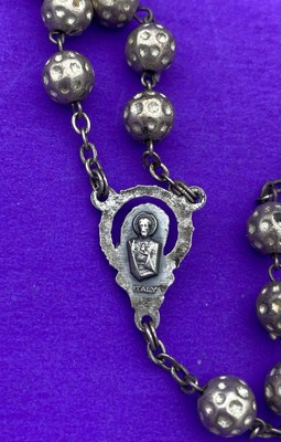 Vintage Textured Metallic Bead Rosary, Mary, Jesus, ITALY, Christianity, 19” - Image 9