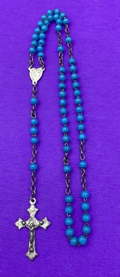 Vtg Blue Round Glass Beads Petite Rosary, Virgin Mary, France, Christianity, 14” - Image 2