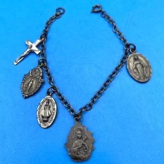 Vintage Sterl. Catholic Charm Bracelet 6.5" Miraculous Prague Jesus Crucifix Set