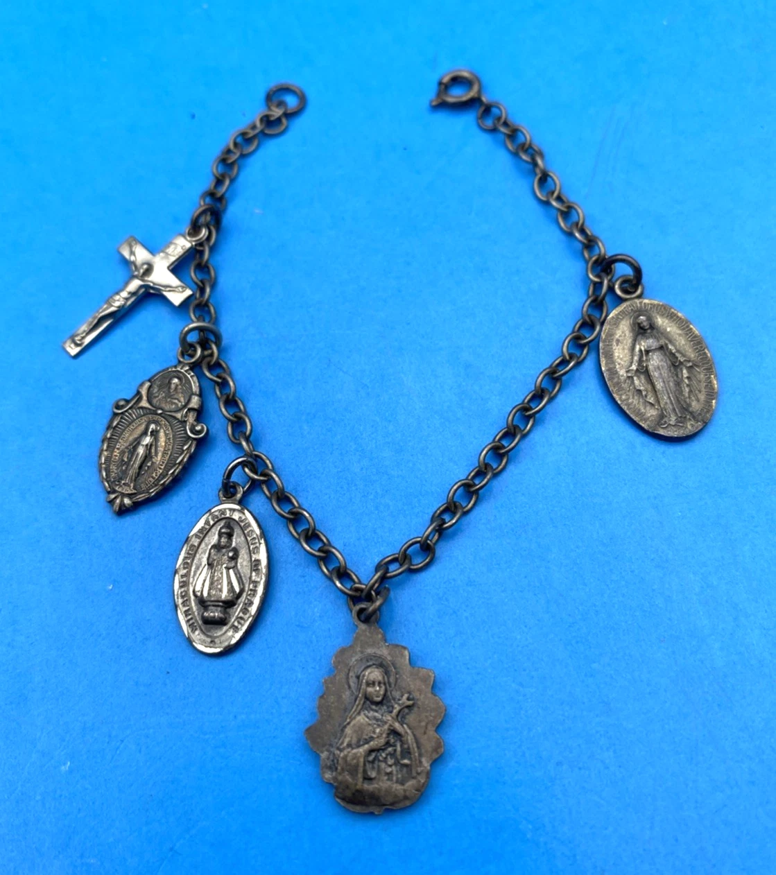 Vintage Sterl. Catholic Charm Bracelet 6.5" Miraculous Prague Jesus Crucifix Set
