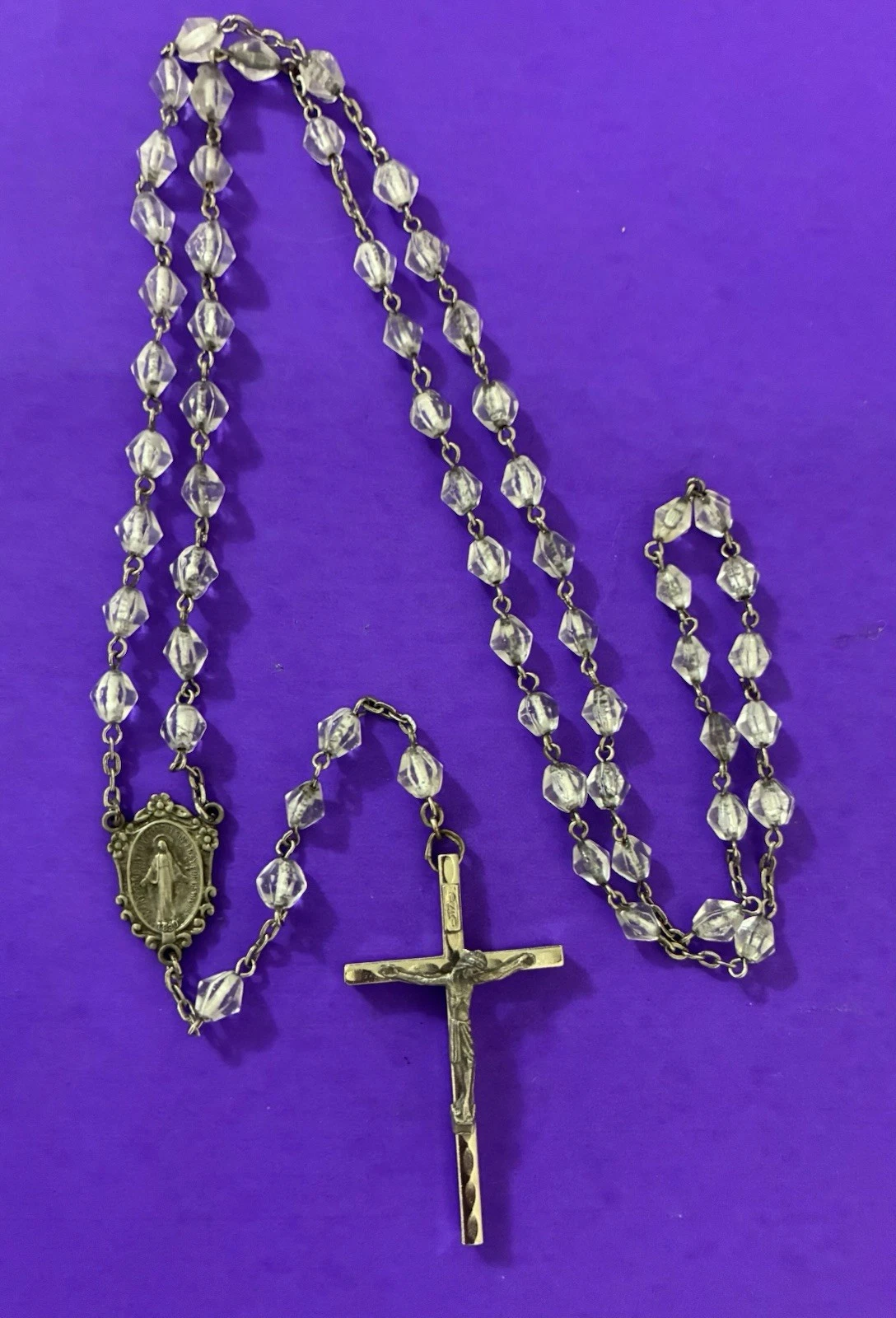 Vintage Bicone Opaque Faceted Glass Rosary, Virgin Mary Jesus Italy Christianity - Image 8