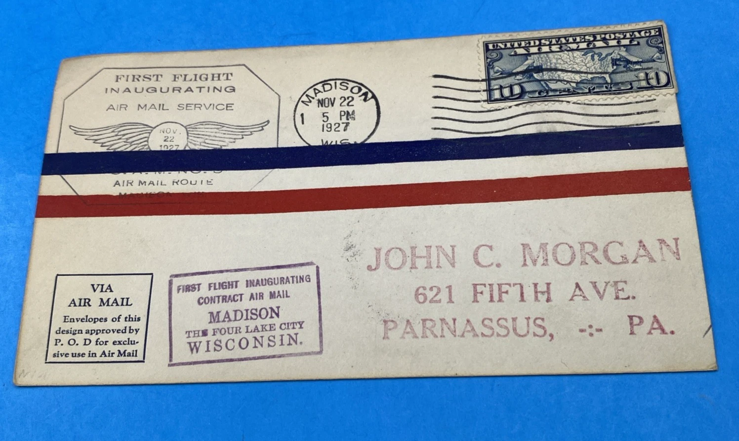 1927 First Flight Airmail Cover Madison WI to Chicago CAM-9 Flown Cachet